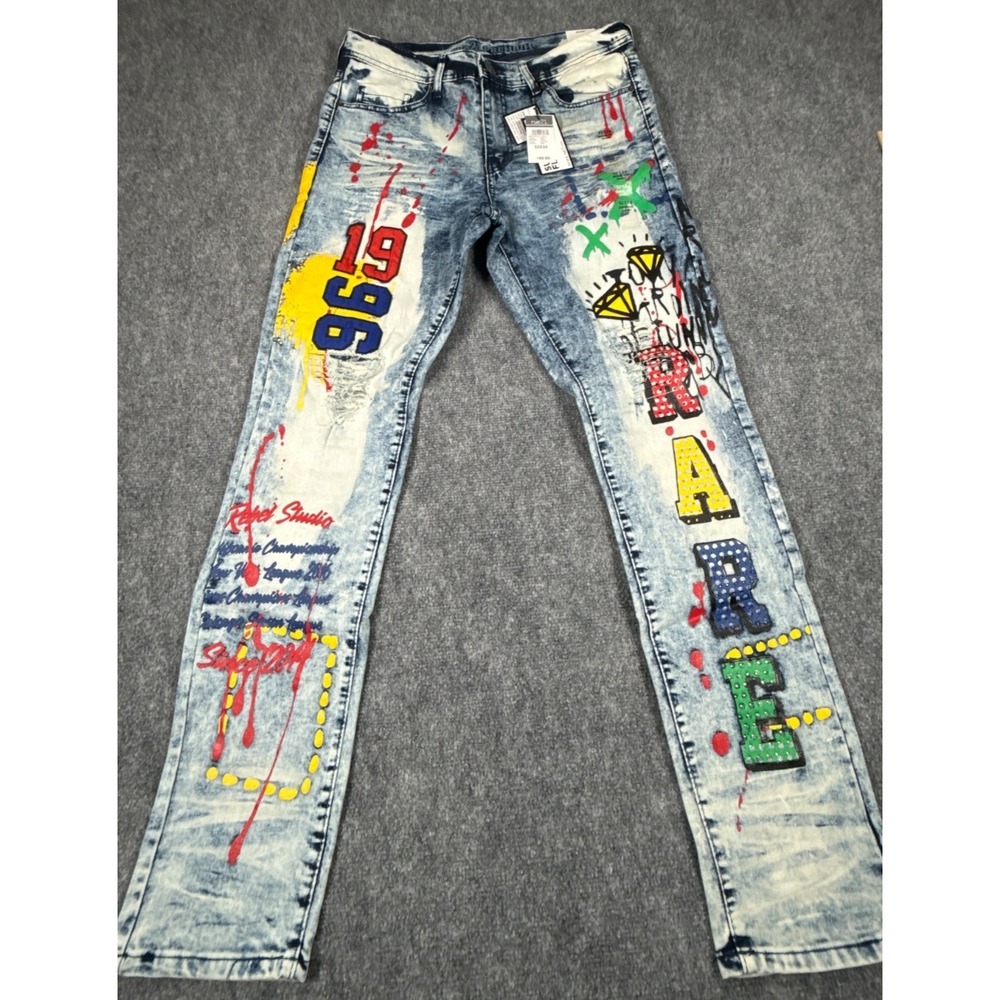 Rue21 Men's Graphic Jeans 32x34 Blue Paint Splatter Distressed Skinny Flex NWT